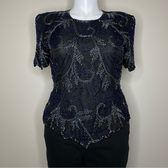 Vintage Tops - Vintage Stenay Black and Blue Beaded Silk Blouse